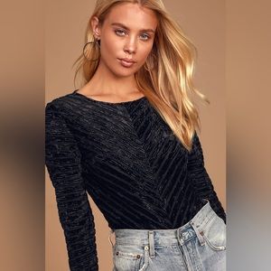 Save the Date Black Velvet Striped Long Sleeve Bodysuit - Size S NWT